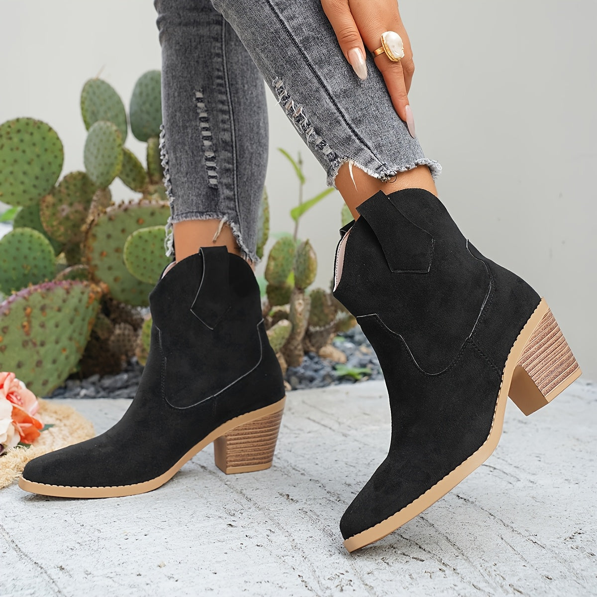 Women's Western Ankle Boots in Faux Suede | Wide Block Heel, Tapered Toe and a Pull On Fit | Size 5.5-10.5, 2 Colors