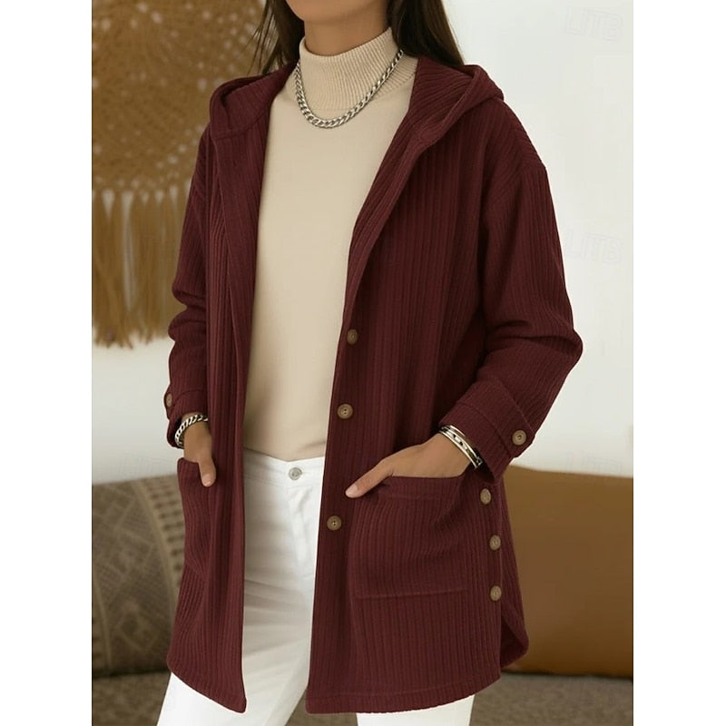 Womens Coat with Down Filling and Hood | Button Front, Pockets | For Winter | Size S-3XL | Coffee, Pink, Navy Blue, Wine Red