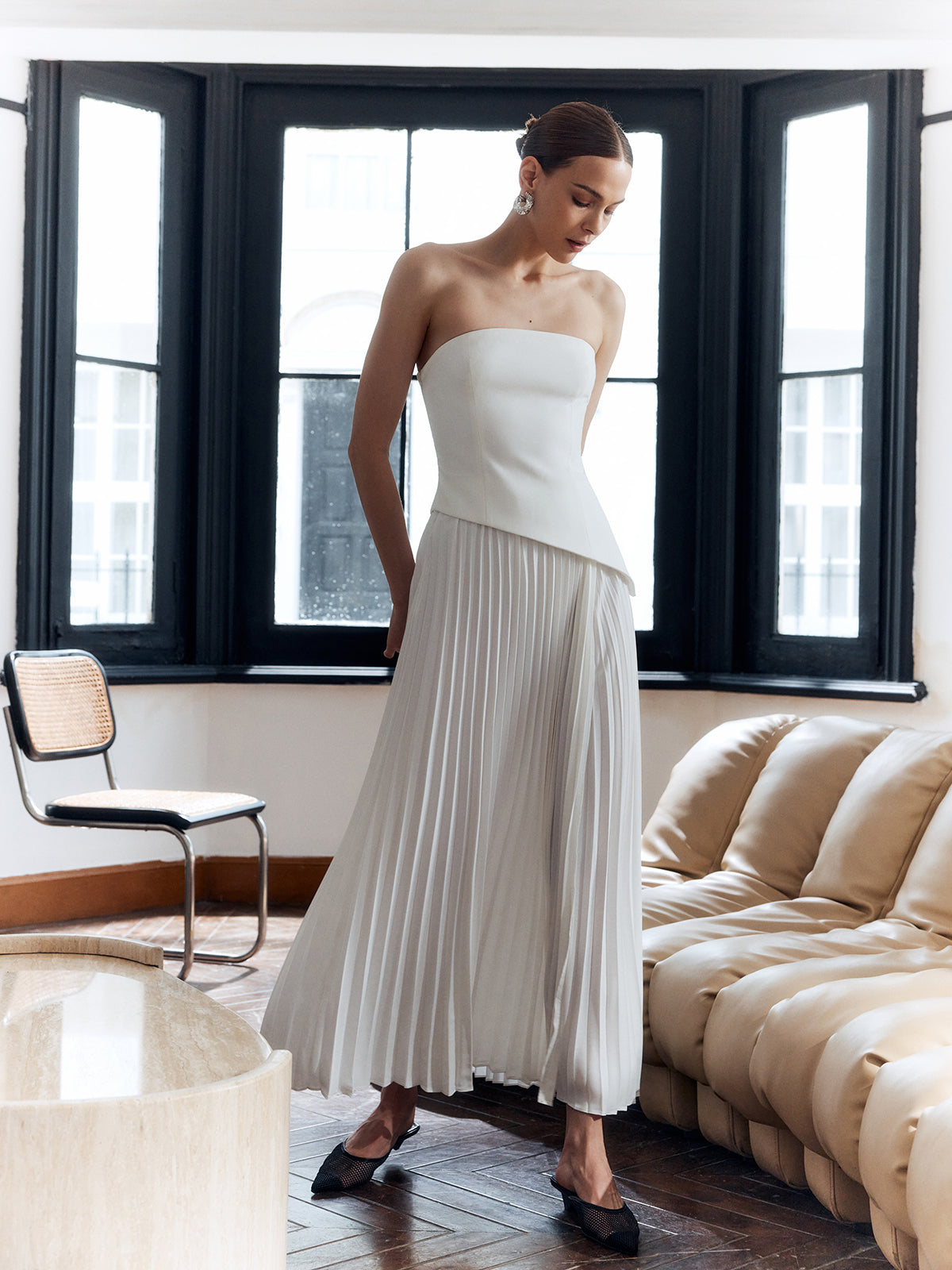 Women's Strapless Maxi Dress with a Pleated Skirt | Side Slit and Asymmetric Waist | Size XS-XL, White