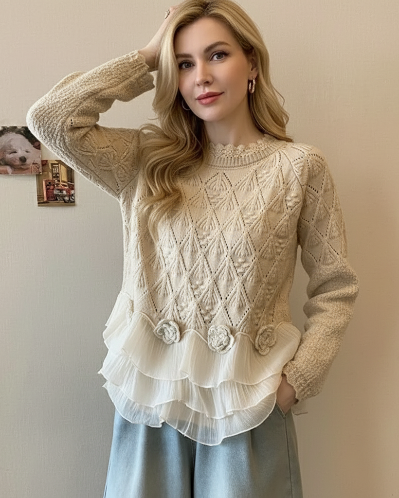Women's Cable Knit Sweater in Cream | Layered Ruffle Hem with Rosette Appliques, Relaxed Pullover | Size M-3XL