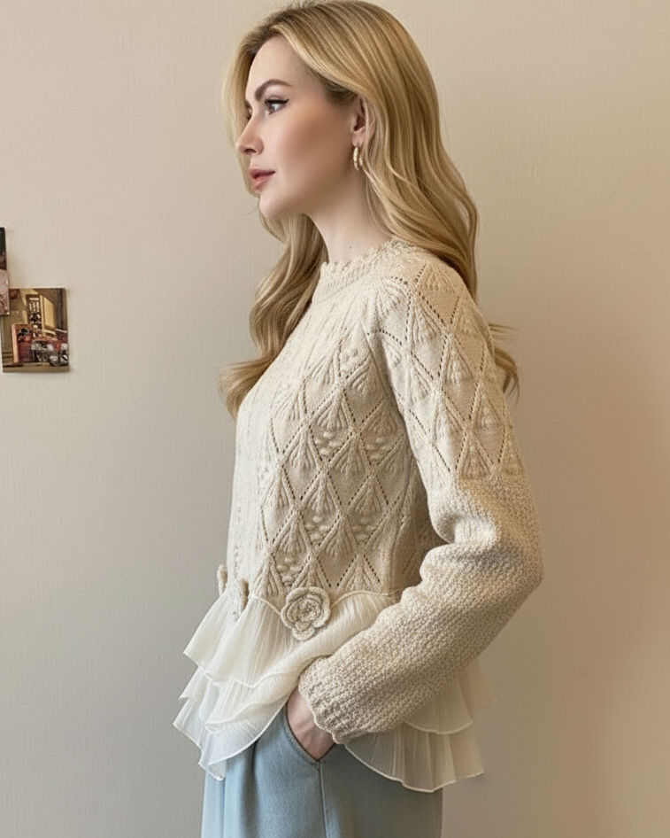 Women's Cable Knit Sweater in Cream | Layered Ruffle Hem with Rosette Appliques, Relaxed Pullover | Size M-3XL