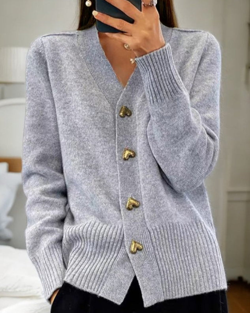 Women's Knit Cardigan Sweater with Heart Shaped Buttons | Relaxed Fit, Ribbed Cuffs and Hem | Size S-2XL