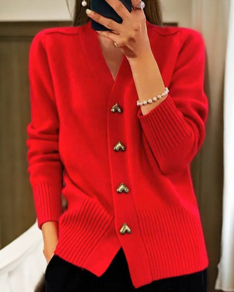 Women's Knit Cardigan Sweater with Heart Shaped Buttons | Relaxed Fit, Ribbed Cuffs and Hem | Size S-2XL