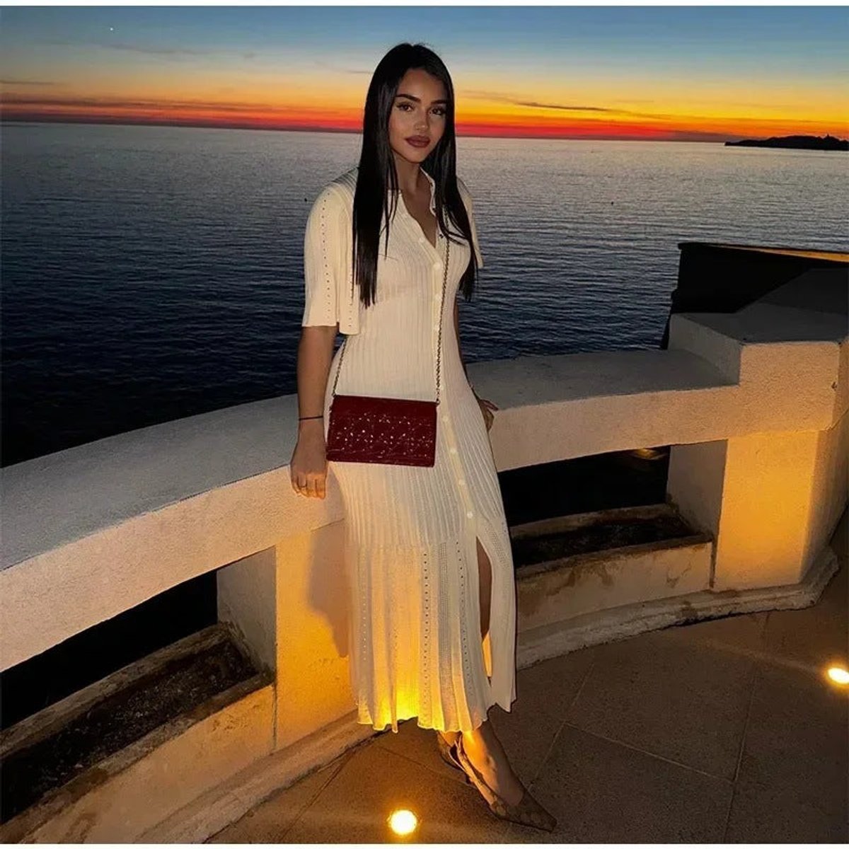 Women's Maxi Knit Dress with High Side Slit | Short Sleeves and Button Placket Neckline | Sizes S-L, 2 Colors