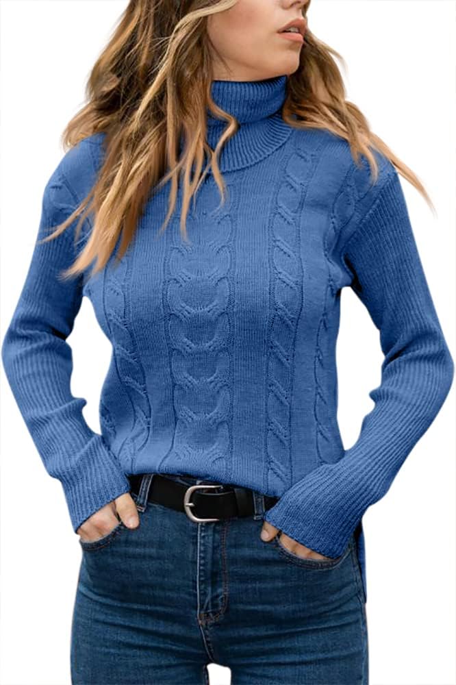 Women's Cable Knit Turtleneck Sweater with Ribbed Cuffs | Relaxed Fit Roll Neck Winter Pullover | Size S-2XL