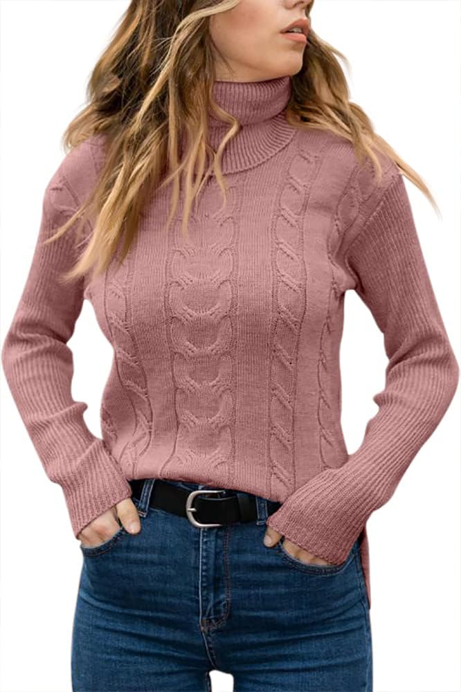 Women's Cable Knit Turtleneck Sweater with Ribbed Cuffs | Relaxed Fit Roll Neck Winter Pullover | Size S-2XL