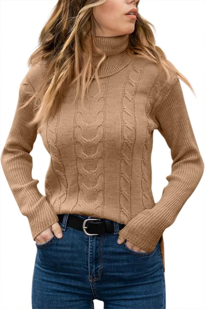 Women's Cable Knit Turtleneck Sweater with Ribbed Cuffs | Relaxed Fit Roll Neck Winter Pullover | Size S-2XL