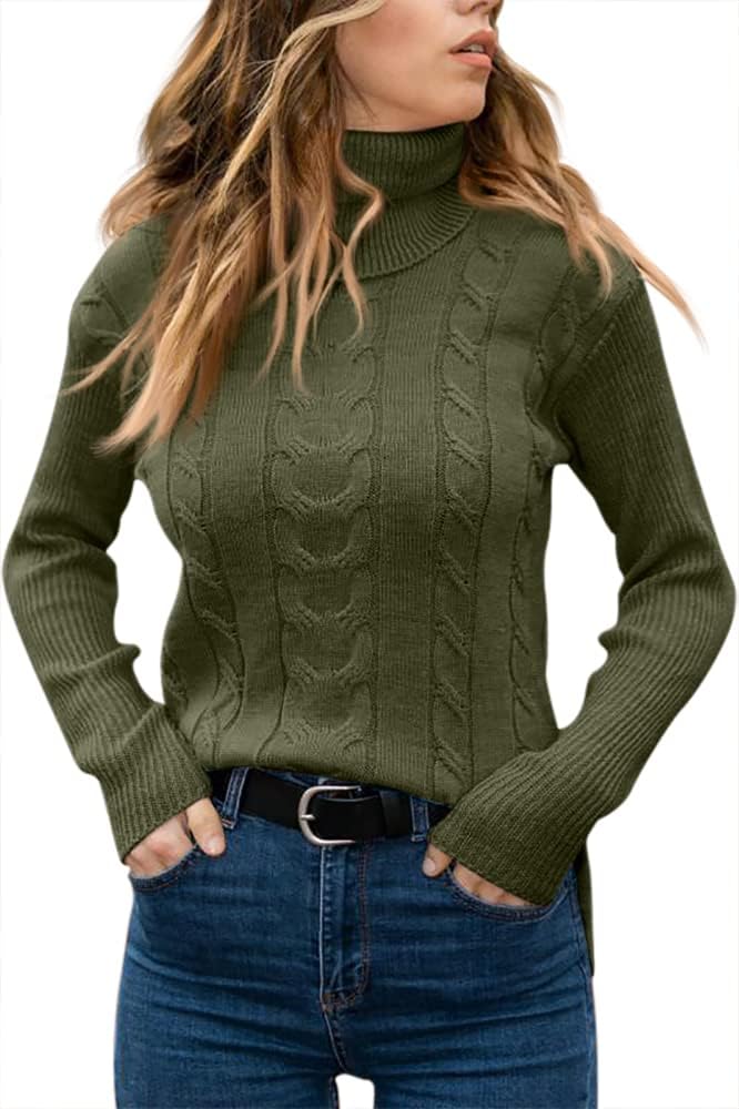 Women's Cable Knit Turtleneck Sweater with Ribbed Cuffs | Relaxed Fit Roll Neck Winter Pullover | Size S-2XL