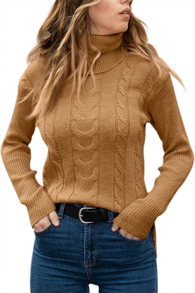 Women's Cable Knit Turtleneck Sweater with Ribbed Cuffs | Relaxed Fit Roll Neck Winter Pullover | Size S-2XL