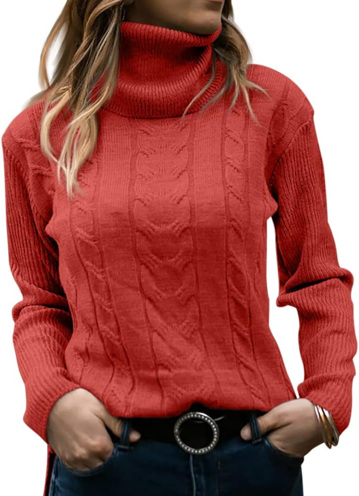 Women's Cable Knit Turtleneck Sweater with Ribbed Cuffs | Relaxed Fit Roll Neck Winter Pullover | Size S-2XL