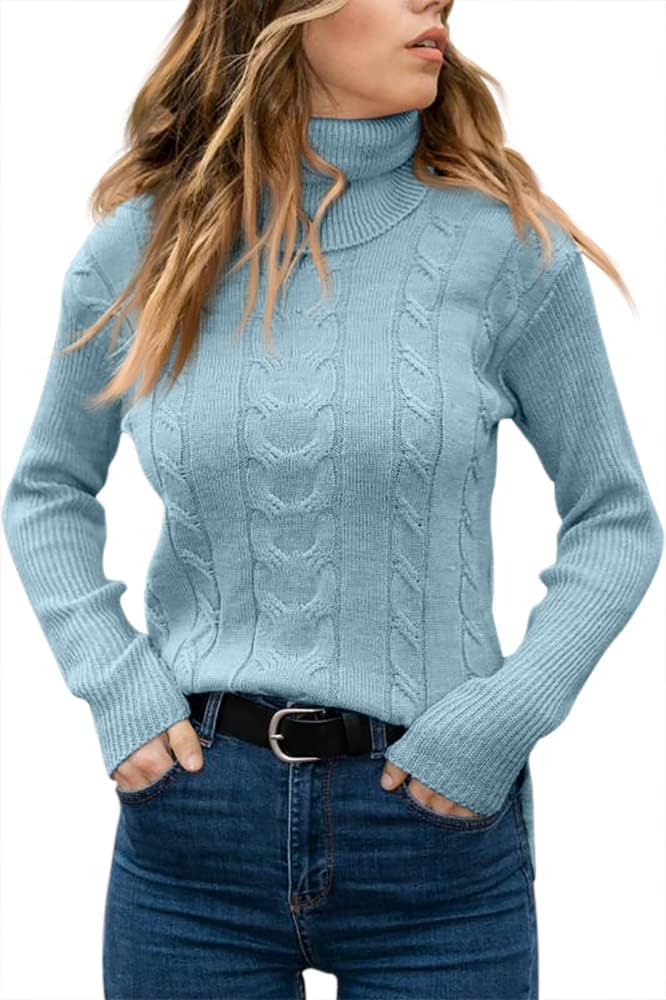 Women's Cable Knit Turtleneck Sweater with Ribbed Cuffs | Relaxed Fit Roll Neck Winter Pullover | Size S-2XL