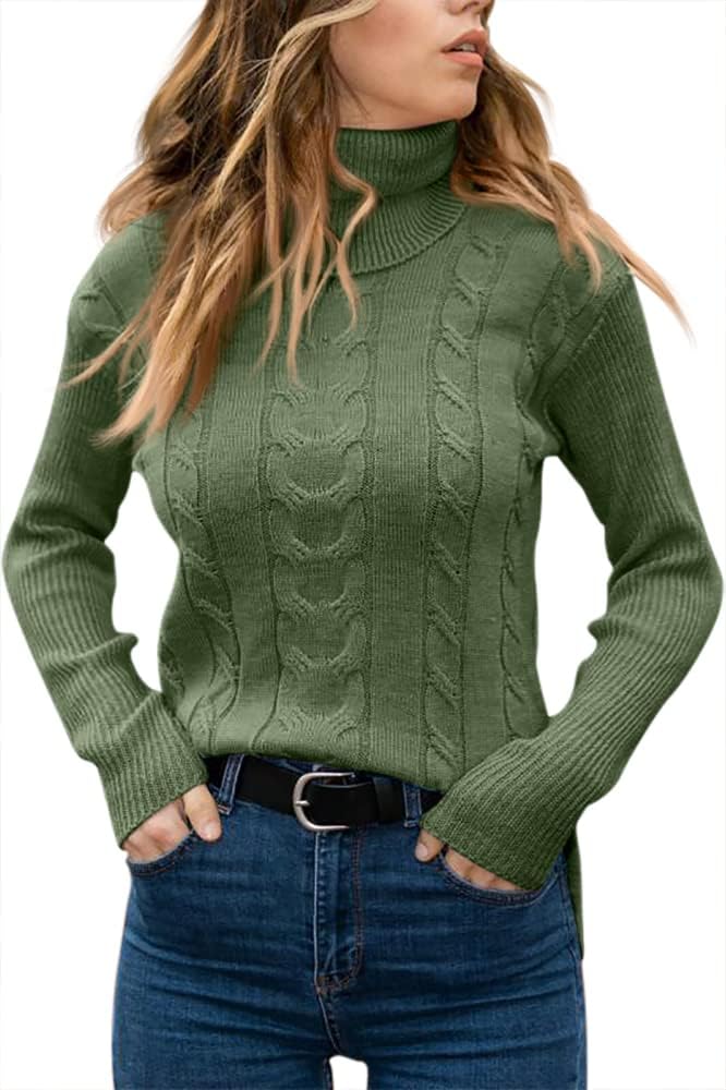 Women's Cable Knit Turtleneck Sweater with Ribbed Cuffs | Relaxed Fit Roll Neck Winter Pullover | Size S-2XL