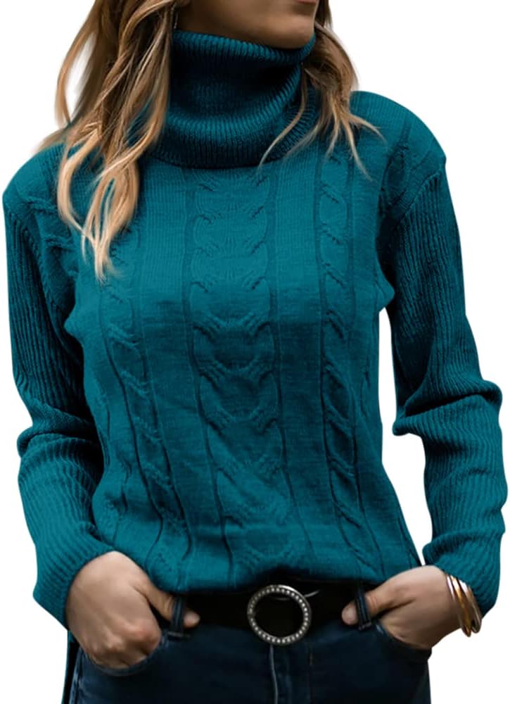 Women's Cable Knit Turtleneck Sweater with Ribbed Cuffs | Relaxed Fit Roll Neck Winter Pullover | Size S-2XL