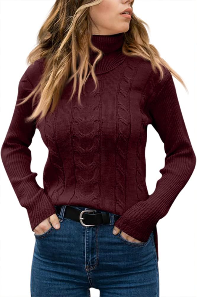 Women's Cable Knit Turtleneck Sweater with Ribbed Cuffs | Relaxed Fit Roll Neck Winter Pullover | Size S-2XL