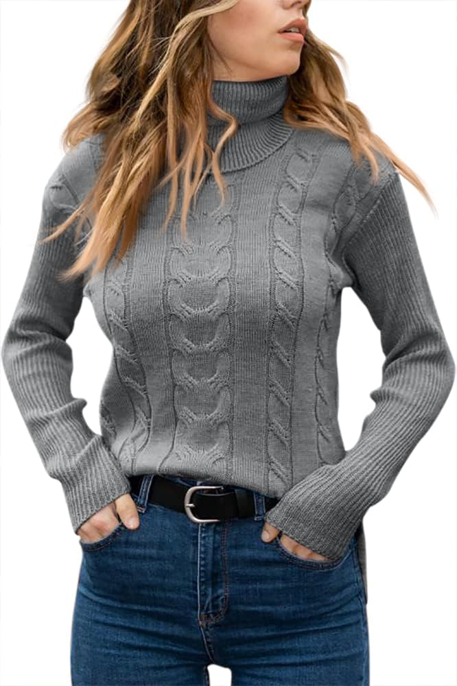 Women's Cable Knit Turtleneck Sweater with Ribbed Cuffs | Relaxed Fit Roll Neck Winter Pullover | Size S-2XL