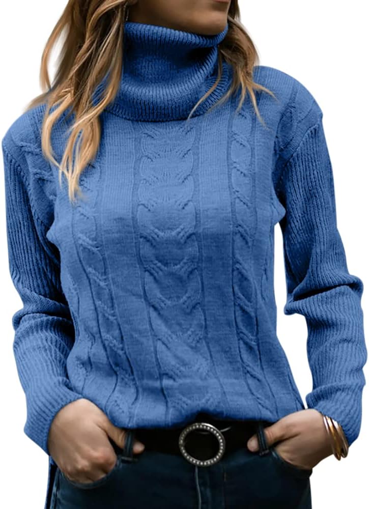 Women's Cable Knit Turtleneck Sweater with Ribbed Cuffs | Relaxed Fit Roll Neck Winter Pullover | Size S-2XL