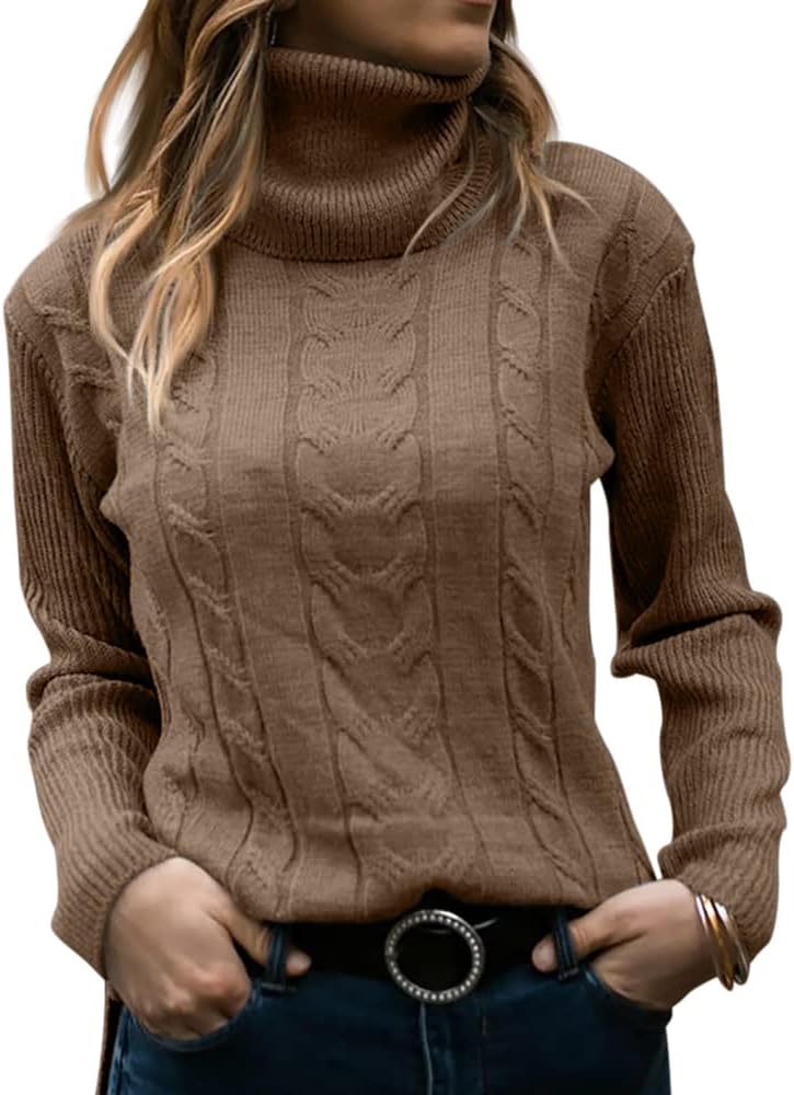 Women's Cable Knit Turtleneck Sweater with Ribbed Cuffs | Relaxed Fit Roll Neck Winter Pullover | Size S-2XL