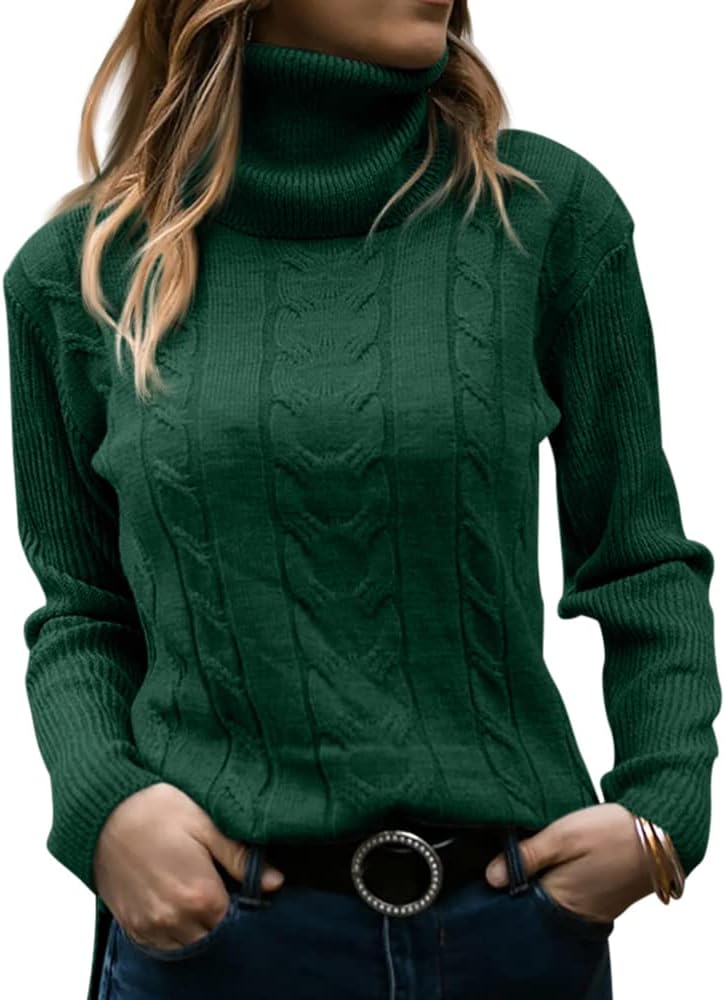 Women's Cable Knit Turtleneck Sweater with Ribbed Cuffs | Relaxed Fit Roll Neck Winter Pullover | Size S-2XL