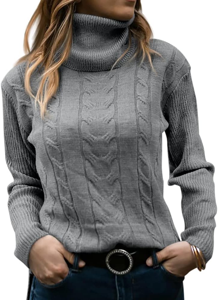 Women's Cable Knit Turtleneck Sweater with Ribbed Cuffs | Relaxed Fit Roll Neck Winter Pullover | Size S-2XL
