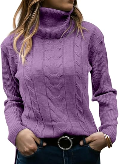Women's Cable Knit Turtleneck Sweater with Ribbed Cuffs | Relaxed Fit Roll Neck Winter Pullover | Size S-2XL
