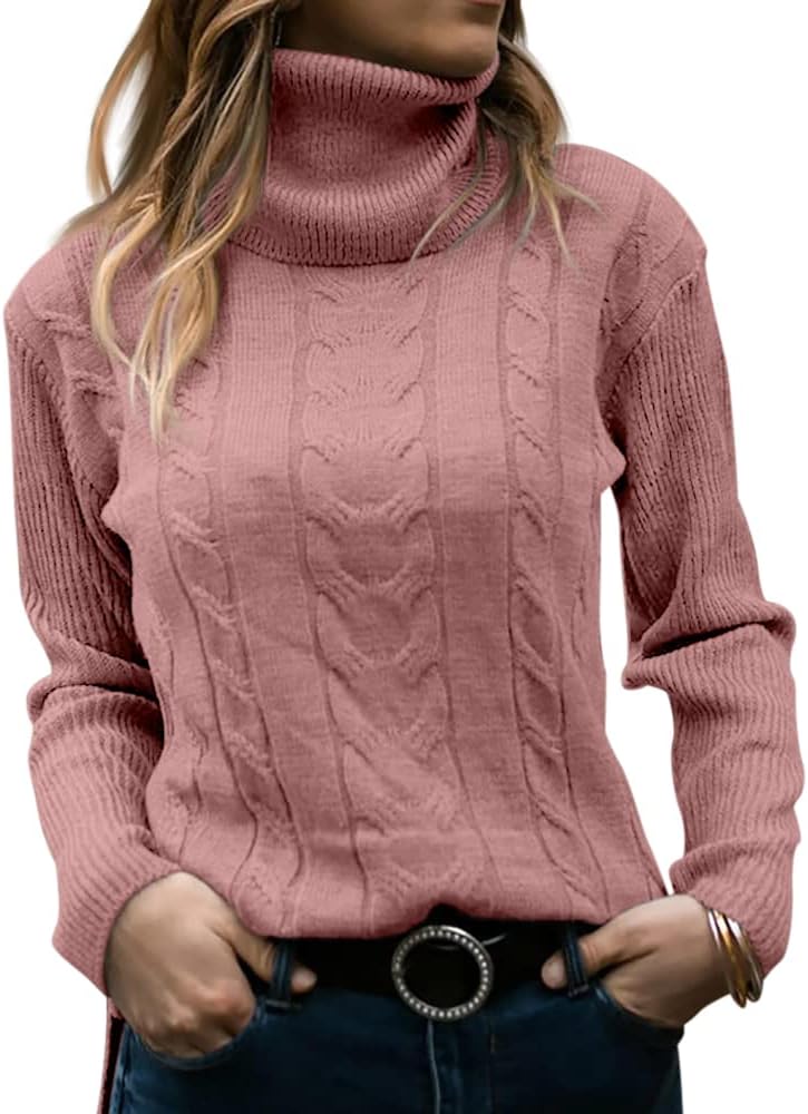 Women's Cable Knit Turtleneck Sweater with Ribbed Cuffs | Relaxed Fit Roll Neck Winter Pullover | Size S-2XL