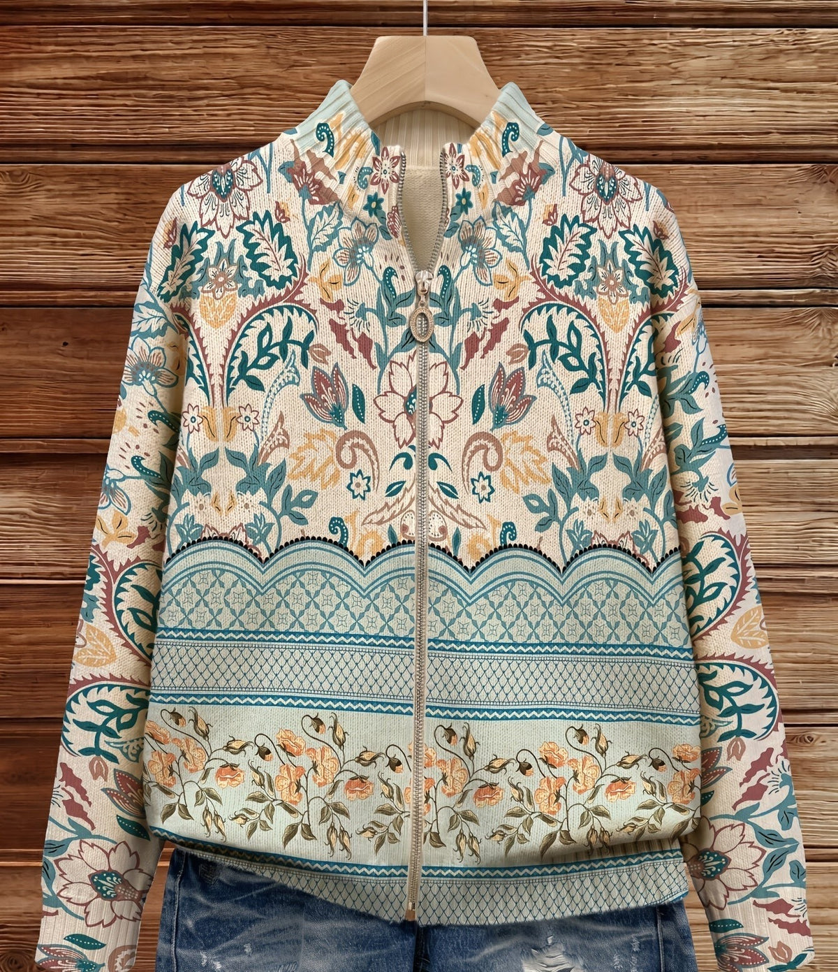 Women's Lightweight Floral Cardigan with Stand Collar and Full Zip | Relaxed Fit, Wavy Hem, Breathable Knit | Size S-3XL