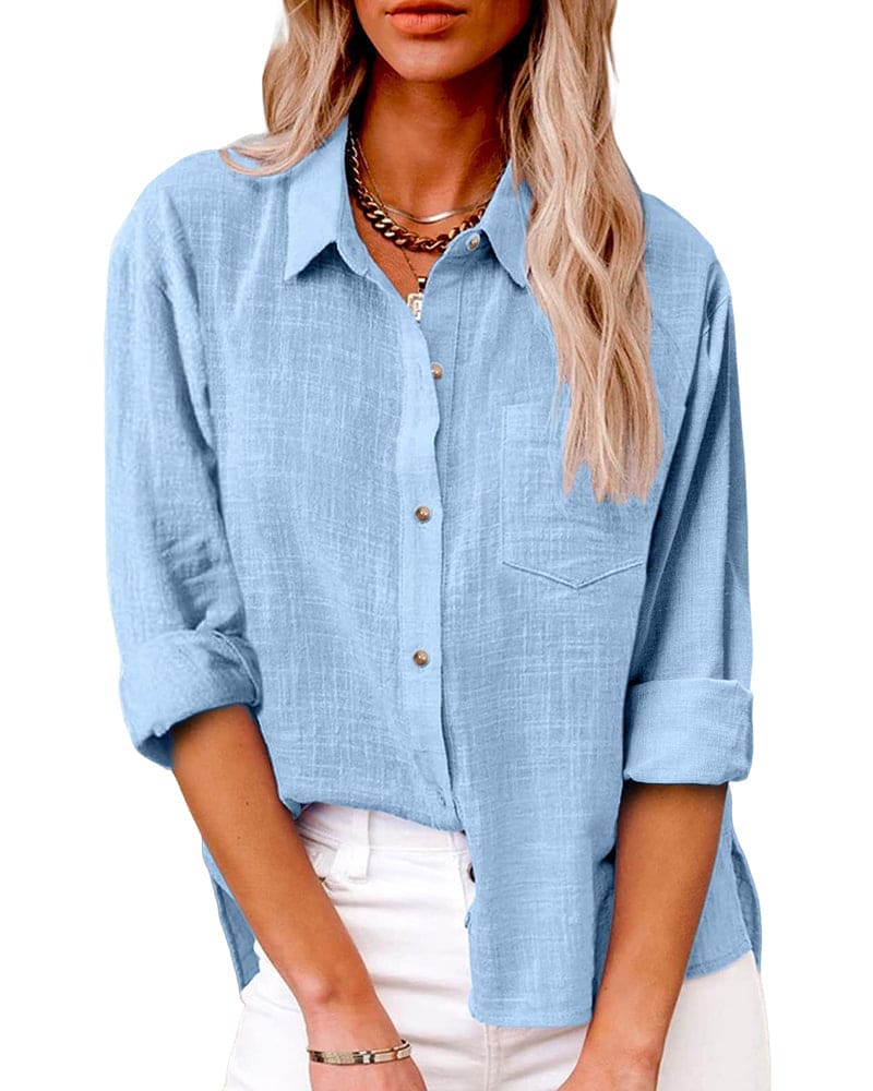 Women's Long Sleeve Shirt with a Chest Pocket | Classic Collar, Relaxed Fit | Button Up Shirts for Women | Size S-5XL, 7 Colors
