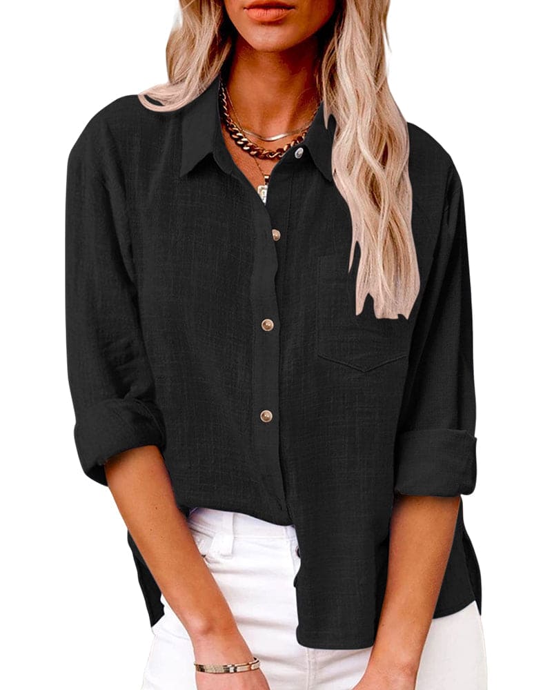 Women's Long Sleeve Shirt with a Chest Pocket | Classic Collar, Relaxed Fit | Button Up Shirts for Women | Size S-5XL, 7 Colors