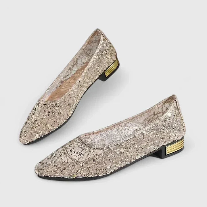 Women's Pointed Toe Ballet Flats with Stud Detail | Easy Slip On Fit, Low Heel | Size 5.5-11, Grey or Gold
