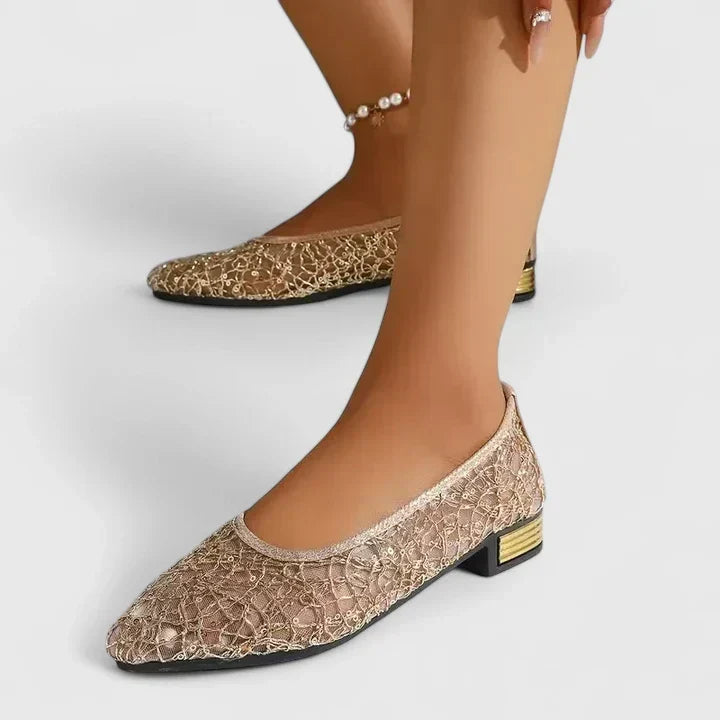 Women's Pointed Toe Ballet Flats with Stud Detail | Easy Slip On Fit, Low Heel | Size 5.5-11, Grey or Gold