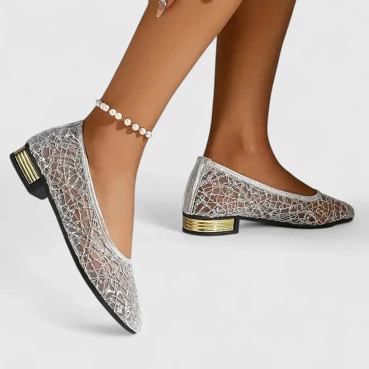 Women's Pointed Toe Ballet Flats with Stud Detail | Easy Slip On Fit, Low Heel | Size 5.5-11, Grey or Gold