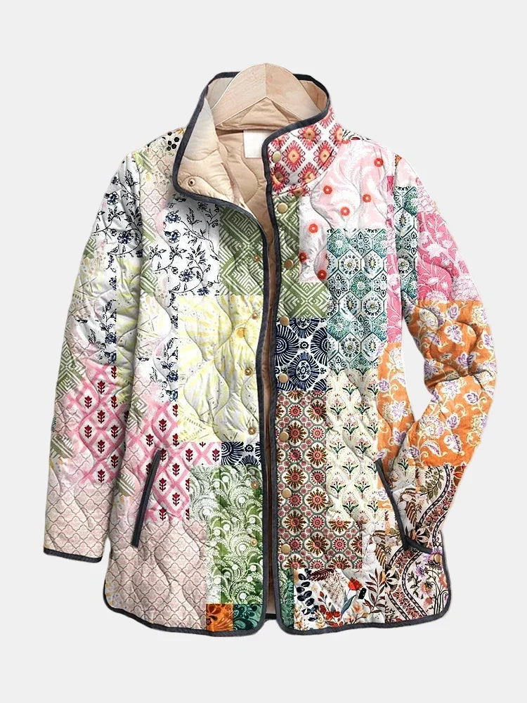 Women's Oversized Quilted Jacket with Pastel Patchwork Print | Padded Zip Front Layer with Stand Collar | Size XXS-4XL