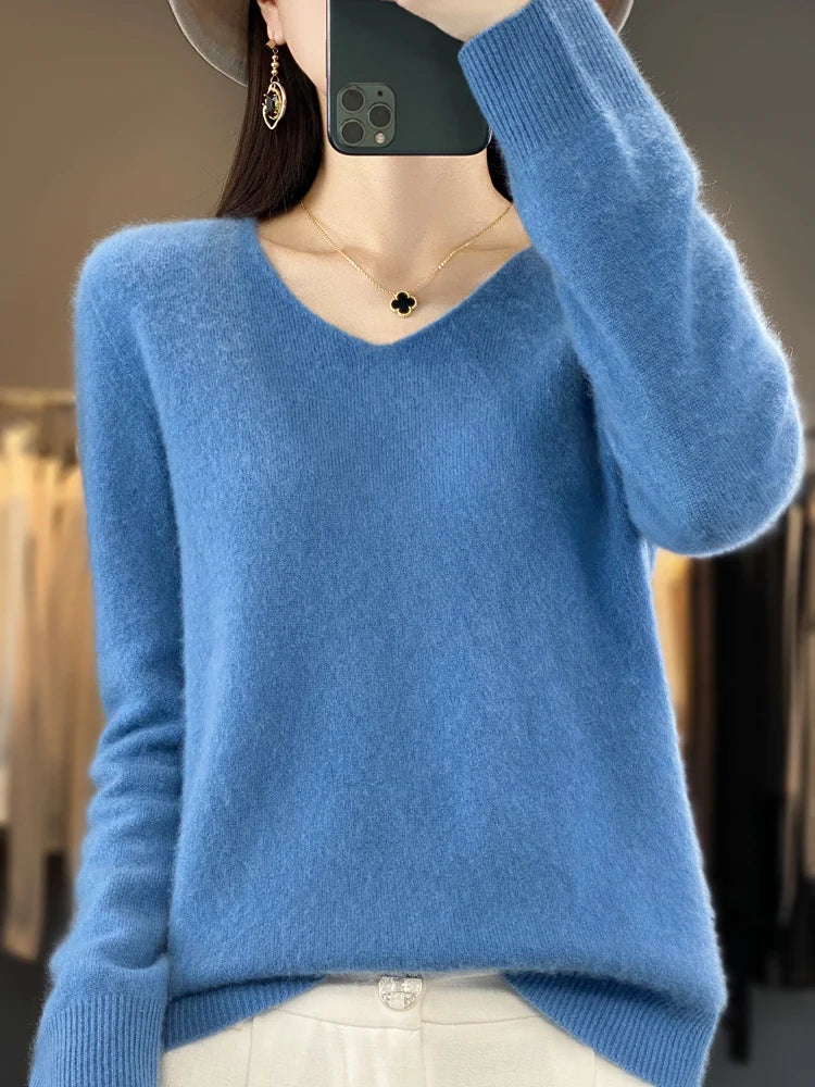 Women's V Neck Sweater with Long Sleeves | Relaxed Fit Knit Pullover in Twelve Shades | Size XS-3XL, 12 Colors