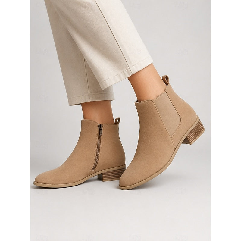 Women's Ankle Boots with Block Heel and Zip Closure | Size 6-10.5 | Khaki, Grey, Black, Dark Brown, Beige