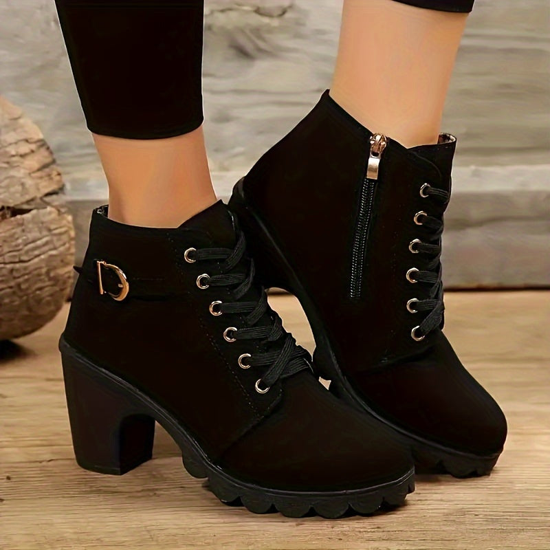 Women's Lace Up Ankle Boots with Block Heel | Side Zip Entry, Chunky Lug Sole | Size 5.5-10.5, 5 Colors