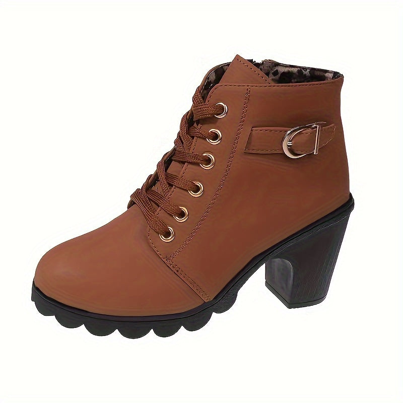 Women's Lace Up Ankle Boots with Block Heel | Side Zip Entry, Chunky Lug Sole | Size 5.5-10.5, 5 Colors
