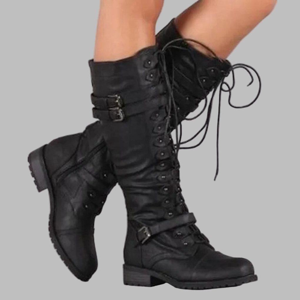 Women's Lace Up Boots with Buckle Straps | Tall Gathered Shaft, Low Block Heel, Textured Sole | 3 Colors