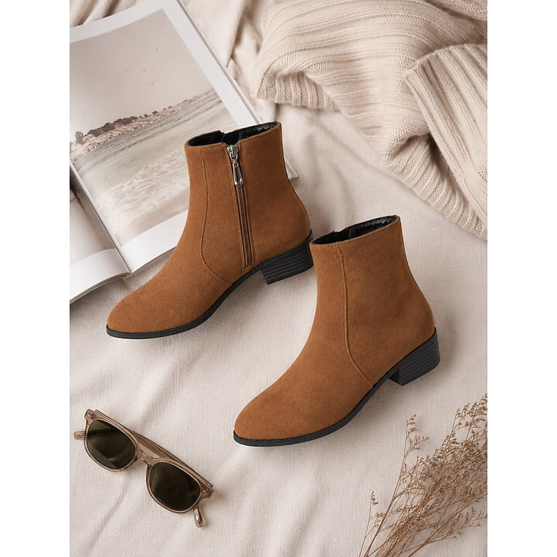 Women's Boots with Block Heel and Ankle Height | Zip Closure | Size 6-10.5 | Brown, Green, Black