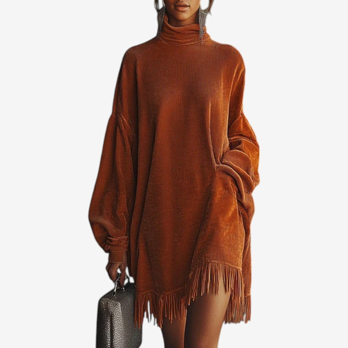 Women's Turtleneck Knit Sweater Dress | Fringe Hem, Ribbed Finish, Volume Sleeves, Relaxed Fit | Sizes S-4XL