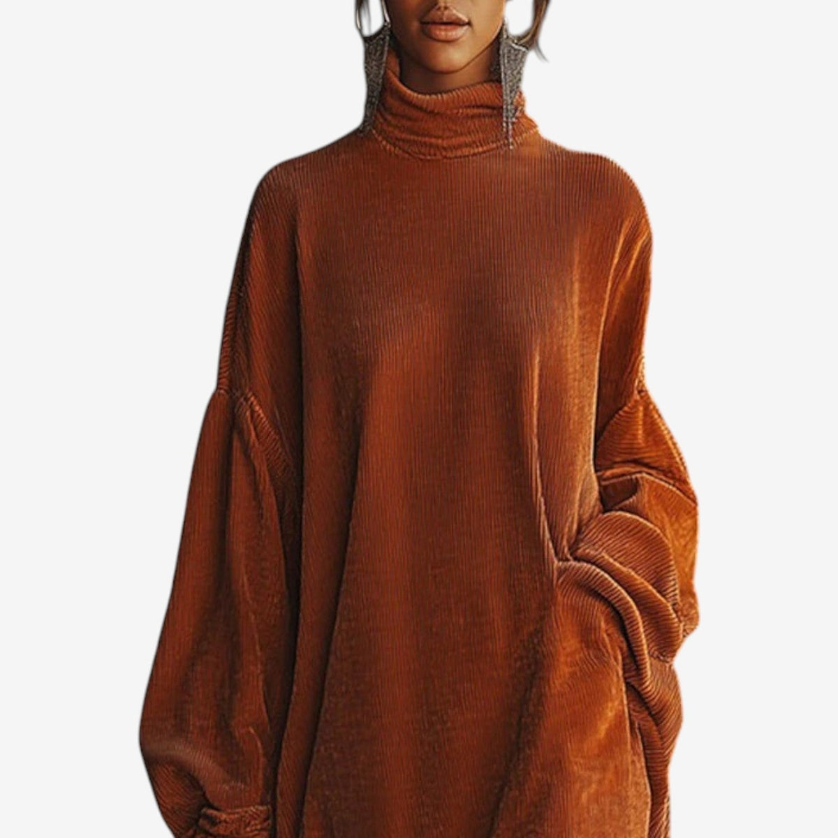 Women's Turtleneck Knit Sweater Dress | Fringe Hem, Ribbed Finish, Volume Sleeves, Relaxed Fit | Sizes S-4XL