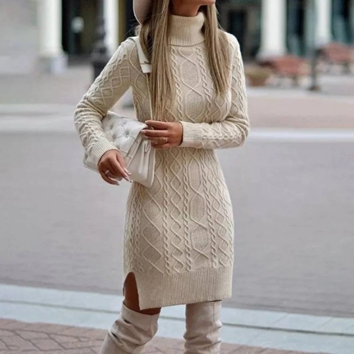 Women's High Neck Dress in Cable Knit | Fitted Mini Shape, Long Sleeves, Ribbed Hem Band | Sizes S-3XL, 5 Colors
