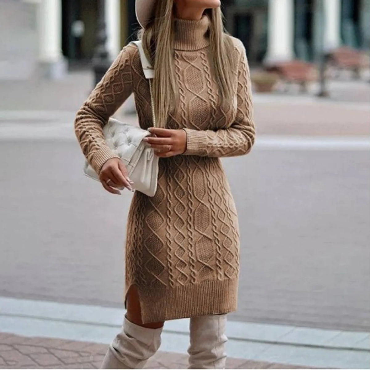 Women's High Neck Dress in Cable Knit | Fitted Mini Shape, Long Sleeves, Ribbed Hem Band | Sizes S-3XL, 5 Colors