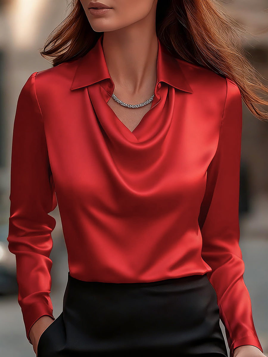Women's Satin Blouse with Draped Cowl Neckline | Pointed Collar, Long Sleeves, Loose Cut | Sizes S to 2XL, 11 Colors