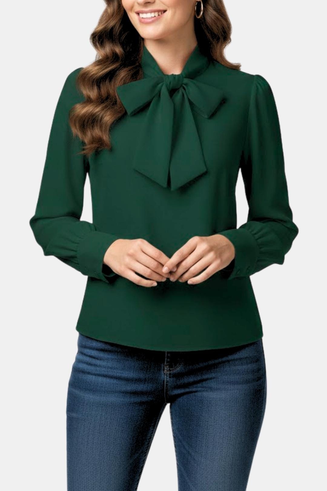 Women's Bow Blouse with Long Sleeves and Buttoned Cuffs | Tie Neckline, Front Button Closure | Sizes XS to 3XL, 4 Colors
