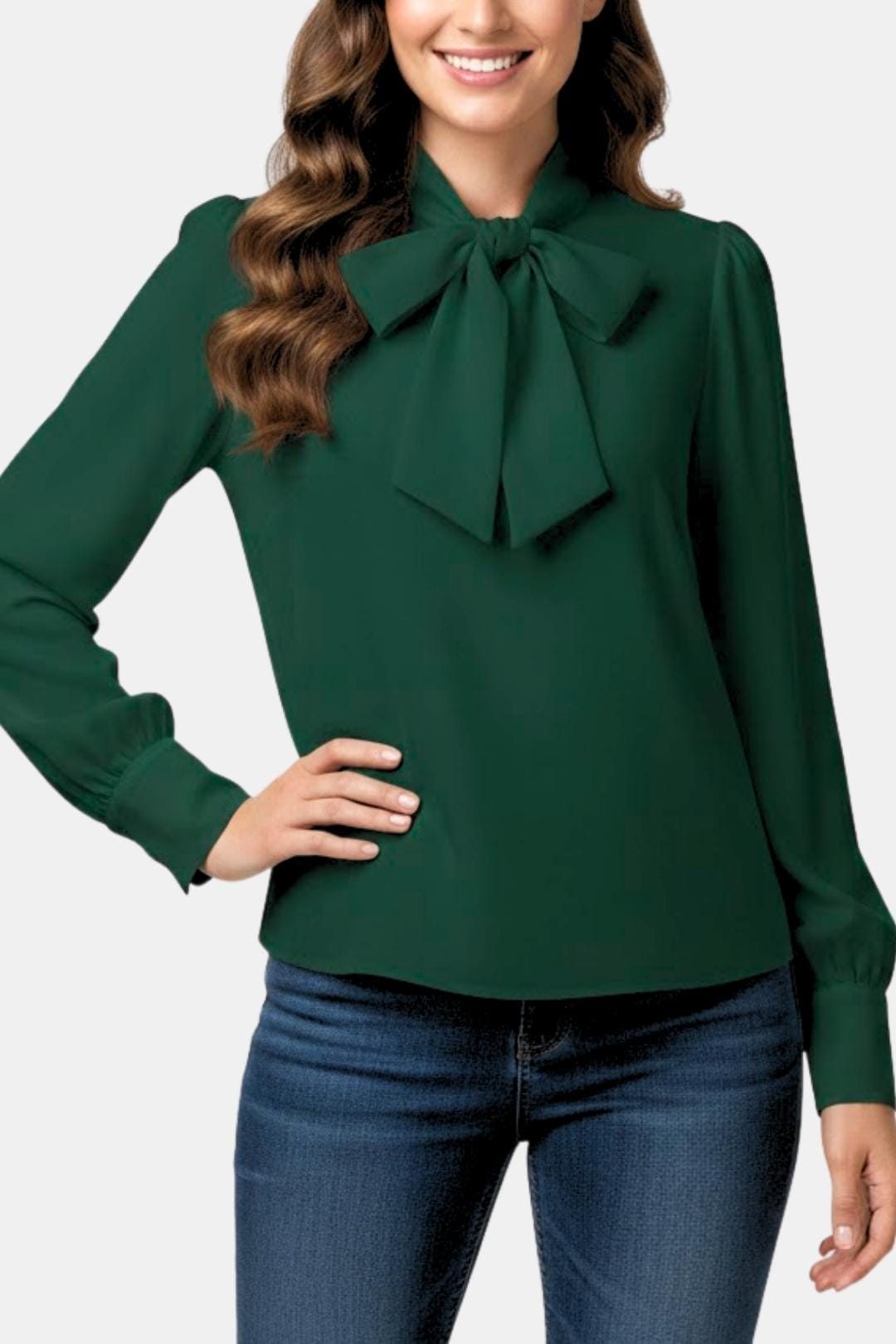 Women's Bow Blouse with Long Sleeves and Buttoned Cuffs | Tie Neckline, Front Button Closure | Sizes XS to 3XL, 4 Colors