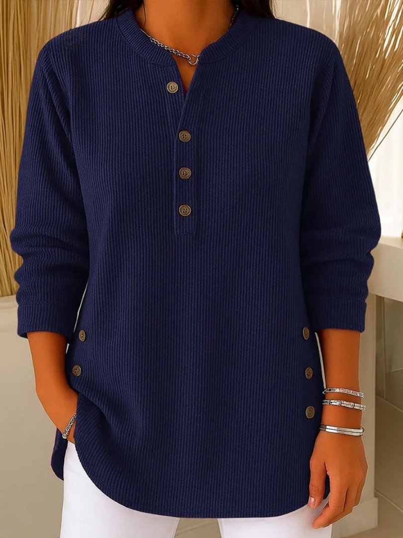 Women's Ribbed Knit Crew Neck Sweater with Decorative Buttons | Relaxed Fit Long Sleeve Pullover | Size S-3XL