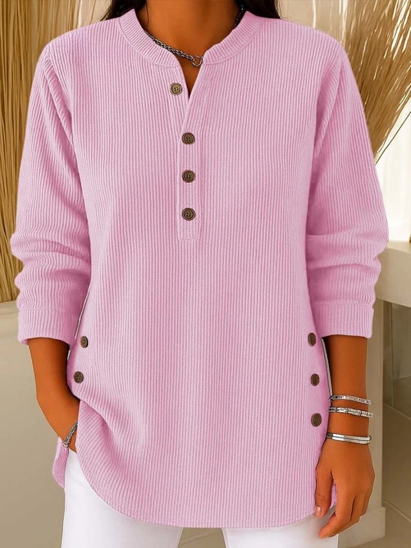 Women's Ribbed Knit Crew Neck Sweater with Decorative Buttons | Relaxed Fit Long Sleeve Pullover | Size S-3XL