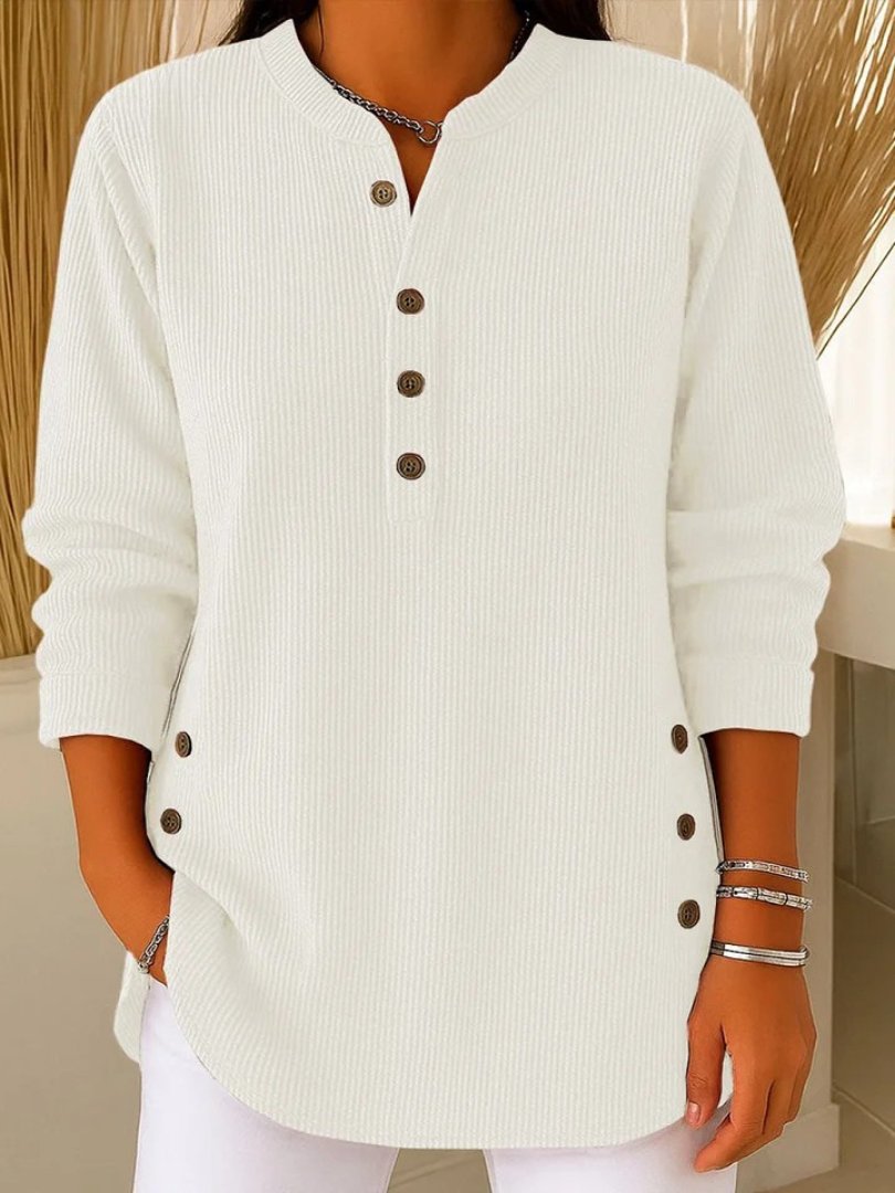 Women's Ribbed Knit Crew Neck Sweater with Decorative Buttons | Relaxed Fit Long Sleeve Pullover | Size S-3XL