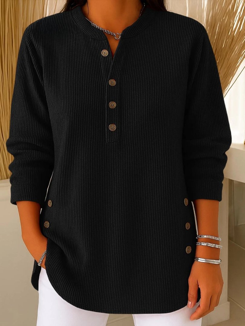 Women's Ribbed Knit Crew Neck Sweater with Decorative Buttons | Relaxed Fit Long Sleeve Pullover | Size S-3XL