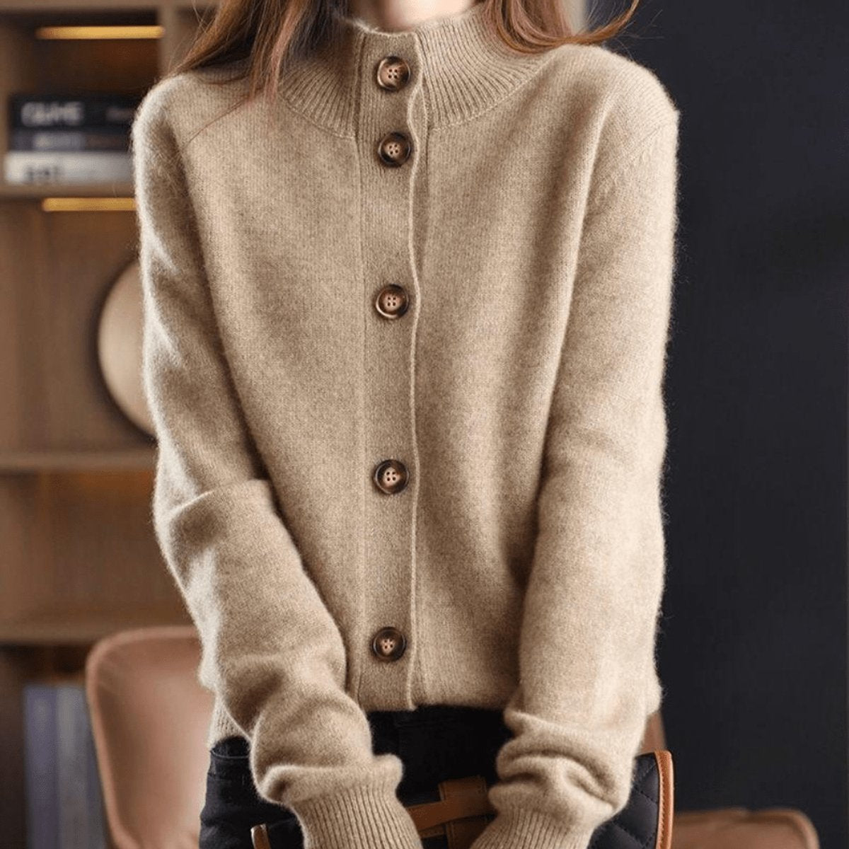 Women's Cashmere Blend Cardigan Sweater with Button Front | Mock Neck Knitwear, Relaxed Fit for Fall and Winter | Size S-2XL